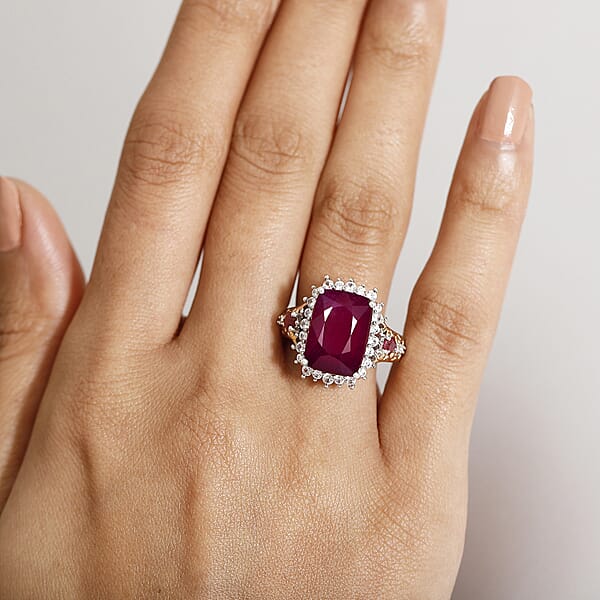 D'Joy AAA Niassa Ruby (FF) And White Zircon 12.40 Ctw Elegant Vintage Ring In 18K Vermeil YG And Rhodium Over Sterling Silver
