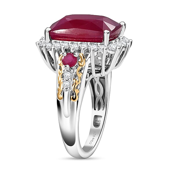 D'Joy AAA Niassa Ruby (FF) And White Zircon 12.40 Ctw Elegant Vintage Ring In 18K Vermeil YG And Rhodium Over Sterling Silver