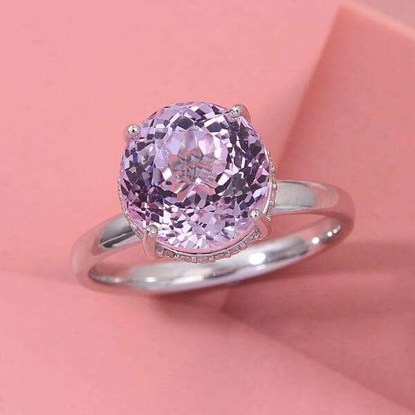 D'Joy AAA Patroke Kunzite And G-H SI Luxuriant Lab Grown Diamond 5.50 Ctw Hidden Halo Ring In Rhodium Over Sterling Silver