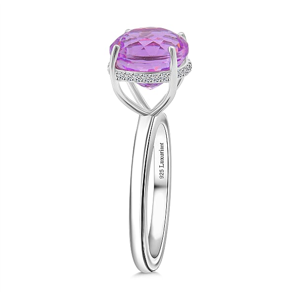 D'Joy AAA Patroke Kunzite And G-H SI Luxuriant Lab Grown Diamond 5.50 Ctw Hidden Halo Ring In Rhodium Over Sterling Silver