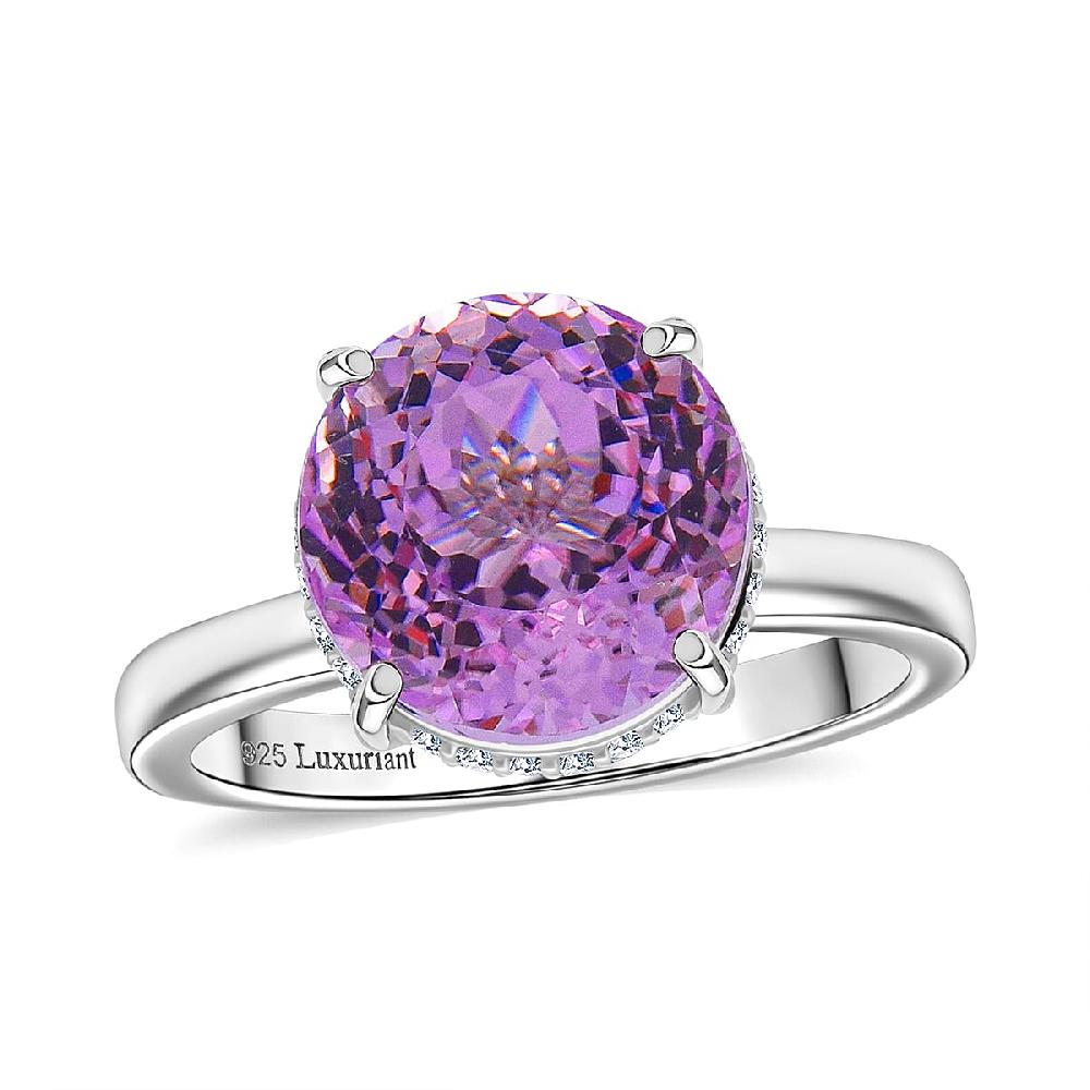 D'Joy AAA Patroke Kunzite and G-H SI Luxuriant Lab Grown Diamond 5.50 ctw Hidden Halo Ring in Rhodium Over Sterling Silver