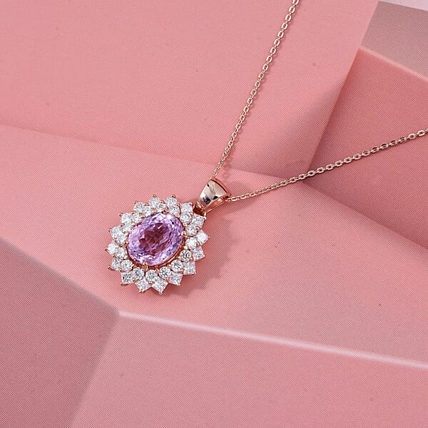 D'Joy AAA Patroke Kunzite And Moissanite 4.80 Ctw Rose Radiance Pendant Necklace In 18K Vermeil Rose Gold Over Sterling Silver 20 Inches