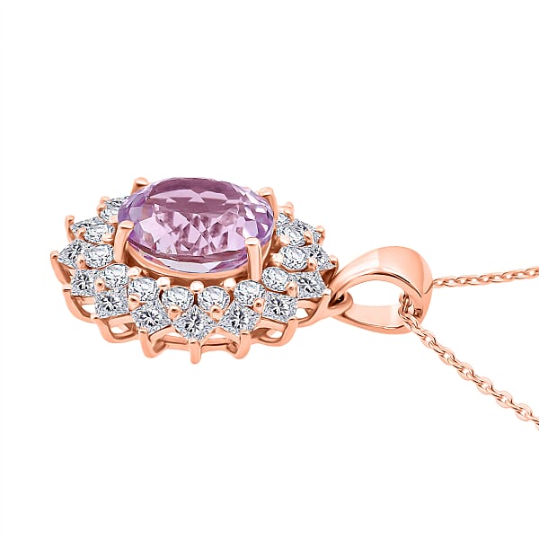 D'Joy AAA Patroke Kunzite And Moissanite 4.80 Ctw Rose Radiance Pendant Necklace In 18K Vermeil Rose Gold Over Sterling Silver 20 Inches