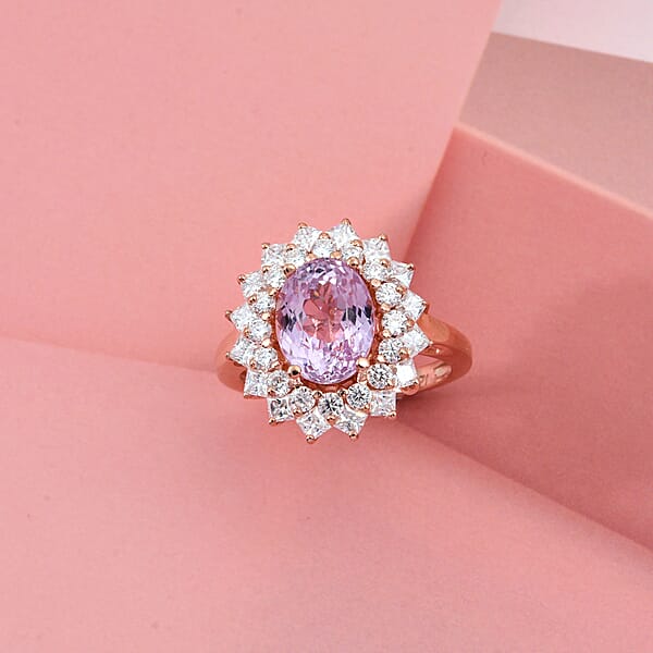 D'Joy AAA Patroke Kunzite And Moissanite 4.80 Ctw Rose Radiance Ring In 18K Vermeil Rose Gold Over Sterling Silver