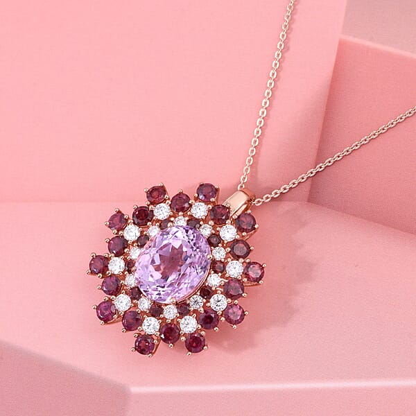 D'Joy AAA Patroke Kunzite And Multi Gemstone 11.50 Ctw Blooming Radiance Pendant Necklace In 18K Vermeil Rose Gold Over Sterling Silver 20 Inches