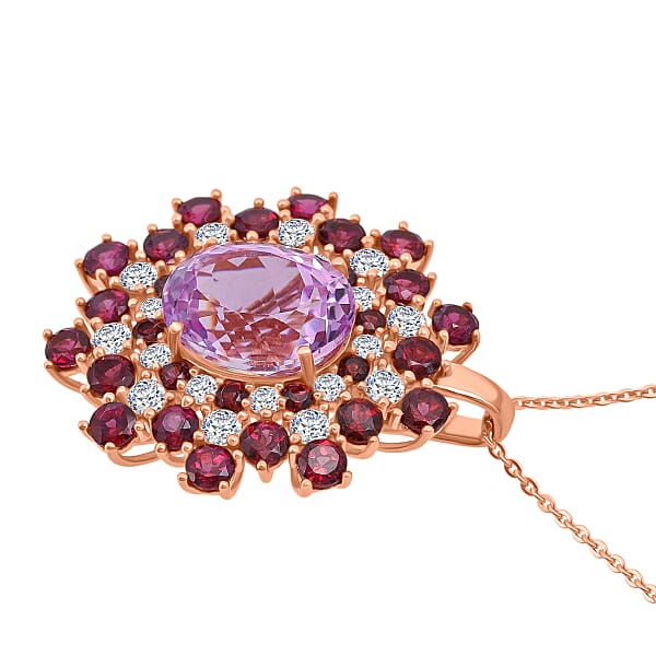 D'Joy AAA Patroke Kunzite And Multi Gemstone 11.50 Ctw Blooming Radiance Pendant Necklace In 18K Vermeil Rose Gold Over Sterling Silver 20 Inches