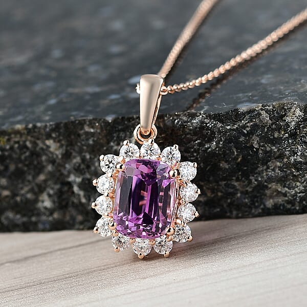 D'Joy AAA Patroke Kunzite Moissanite Halo Pendant Necklace In 18K Vermeil RG Over Sterling Silver 5.90 Ctw (20 Inches)