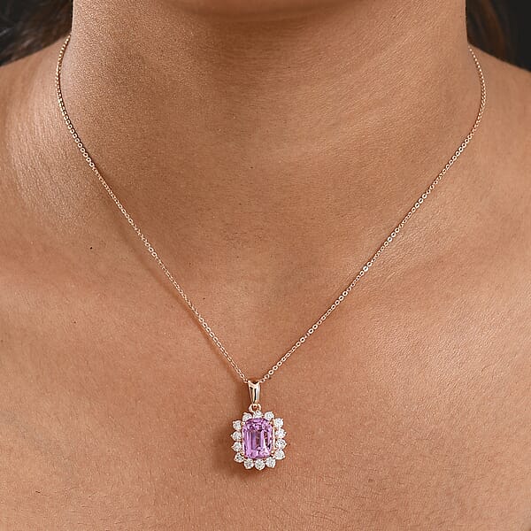 D'Joy AAA Patroke Kunzite Moissanite Halo Pendant Necklace In 18K Vermeil RG Over Sterling Silver 5.90 Ctw (20 Inches)