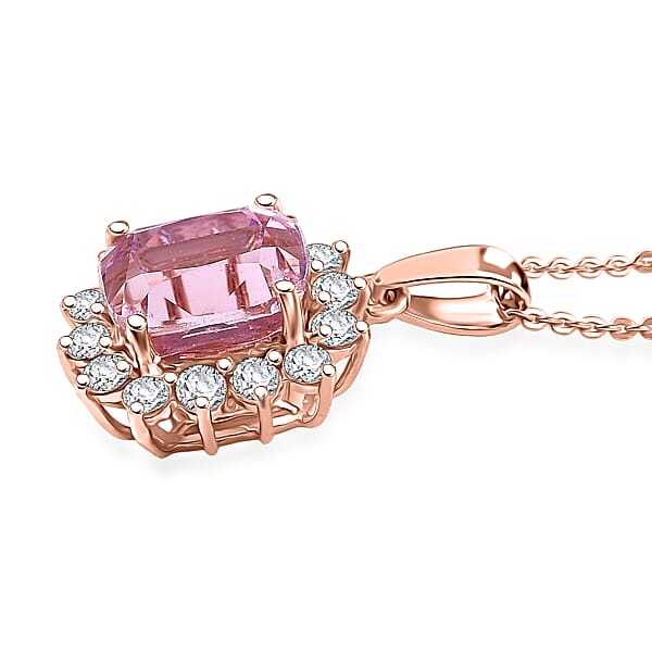 D'Joy AAA Patroke Kunzite Moissanite Halo Pendant Necklace In 18K Vermeil RG Over Sterling Silver 5.90 Ctw (20 Inches)
