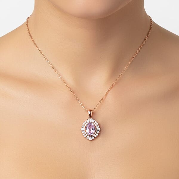 D'Joy AAA Patroke Kunzite Moissanite Starburst Pendant Necklace In 18K Vermeil RG Over Sterling Silver 3.30 Ctw (20 Inches)