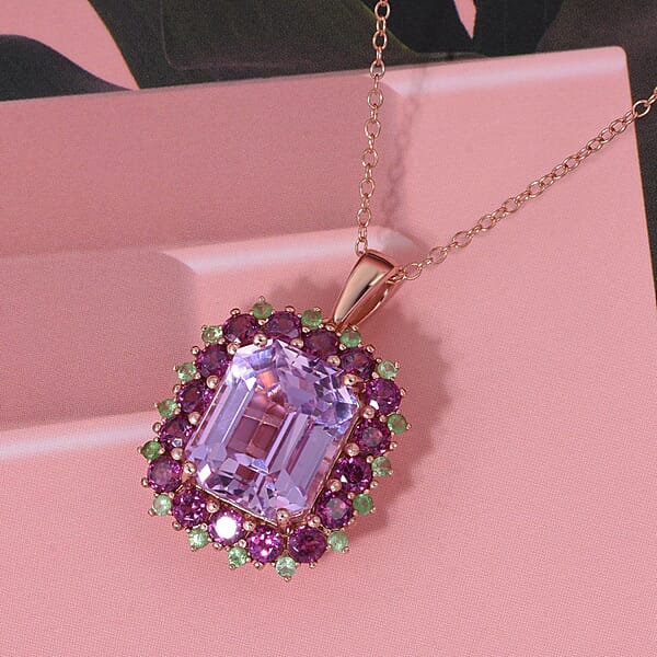 D'Joy AAA Patroke Kunzite Multi Gemstone Bloom Pendant Necklace In 18K Vermeil RG Over Sterling Silver 9.85 Ctw (20 Inches)