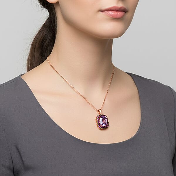 D'Joy AAA Patroke Kunzite Multi Gemstone Bloom Pendant Necklace In 18K Vermeil RG Over Sterling Silver 9.85 Ctw (20 Inches)