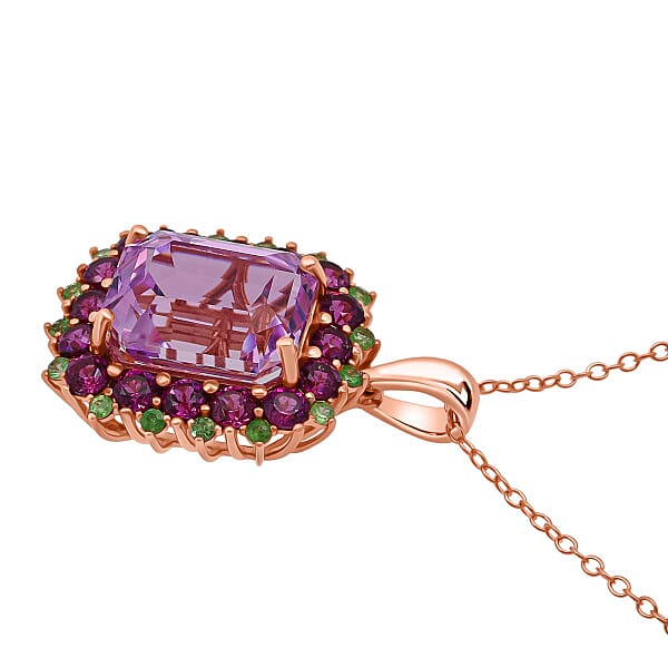 D'Joy AAA Patroke Kunzite Multi Gemstone Bloom Pendant Necklace In 18K Vermeil RG Over Sterling Silver 9.85 Ctw (20 Inches)