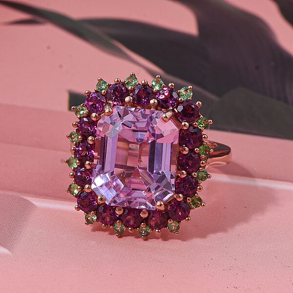D'Joy AAA Patroke Kunzite Multi Gemstone Bloom Ring In 18K Vermeil RG Over Sterling Silver 10.10 Ctw