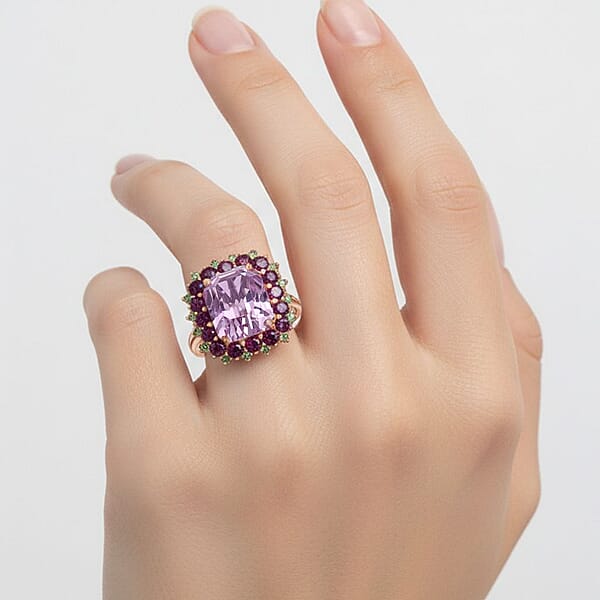 D'Joy AAA Patroke Kunzite Multi Gemstone Bloom Ring In 18K Vermeil RG Over Sterling Silver 10.10 Ctw