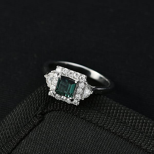 D'Joy AAA Pirineu Lagoon Tourmaline And Moissanite 1.50 Ctw Ring In Rhodium Over Sterling Silver