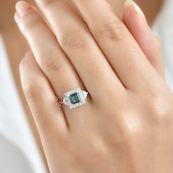 D'Joy AAA Pirineu Lagoon Tourmaline And Moissanite 1.50 Ctw Ring In Rhodium Over Sterling Silver