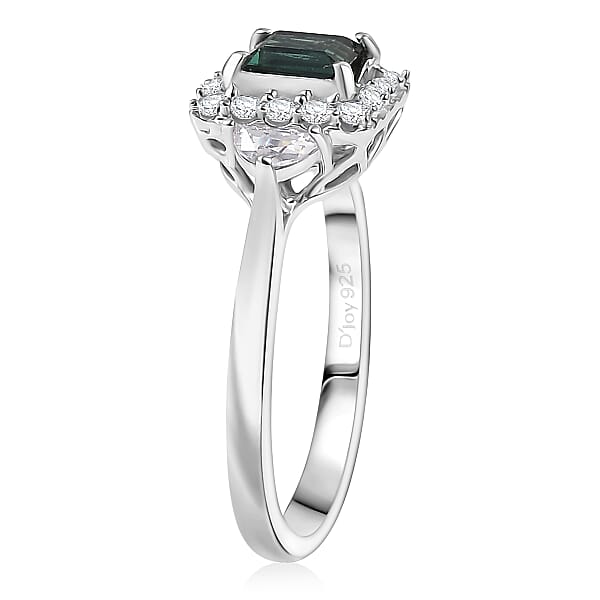 D'Joy AAA Pirineu Lagoon Tourmaline And Moissanite 1.50 Ctw Ring In Rhodium Over Sterling Silver