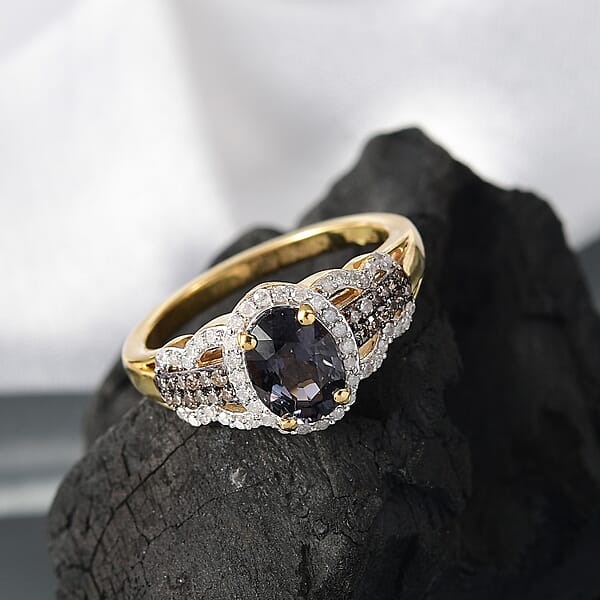 D'Joy AAA Platinum Spinel Natural Champagne And White Diamond 1.75 Ctw Ring In 18K Vermeil Yellow Gold Over Sterling Silver