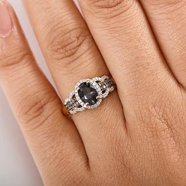 D'Joy AAA Platinum Spinel Natural Champagne And White Diamond 1.75 Ctw Ring In 18K Vermeil Yellow Gold Over Sterling Silver