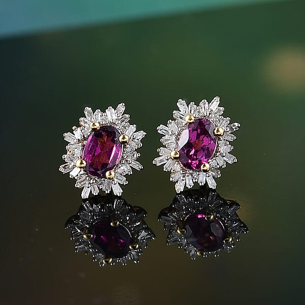 D'Joy AAA Radiant Ember Garnet And Diamond 1.45 Ctw Starlit Stud Earrings In 18K Vermeil Yellow Gold Over Sterling Silver