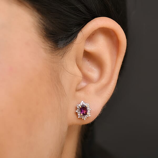 D'Joy AAA Radiant Ember Garnet And Diamond 1.45 Ctw Starlit Stud Earrings In 18K Vermeil Yellow Gold Over Sterling Silver