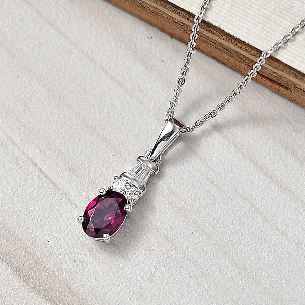 D'Joy AAA Radiant Ember Garnet And Moissanite 1.20 Ctw Pendant Necklace In Rhodium Over Sterling Silver 20 Inches