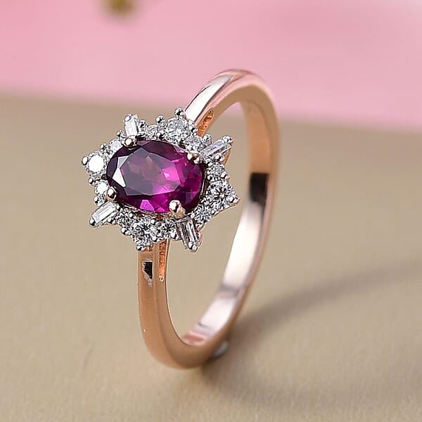 D'Joy AAA Radiant Ember Garnet And Moissanite 1.20 Ctw Ring In 18K Vermeil Rose Gold Over Sterling Silver