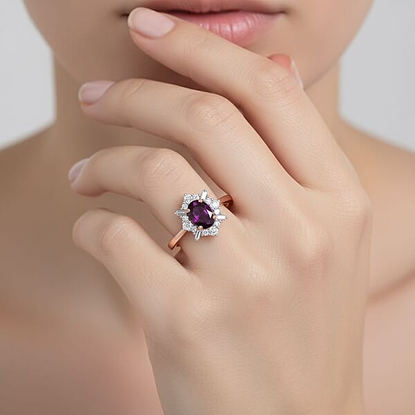 D'Joy AAA Radiant Ember Garnet And Moissanite 1.20 Ctw Ring In 18K Vermeil Rose Gold Over Sterling Silver