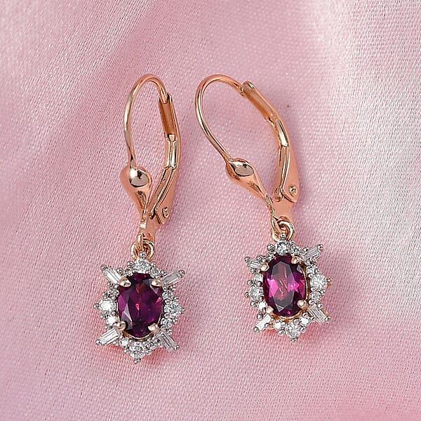 D'Joy AAA Radiant Ember Garnet And Moissanite 1.60 Ctw Earrings In 18K Vermeil Rose Gold Over Sterling Silver