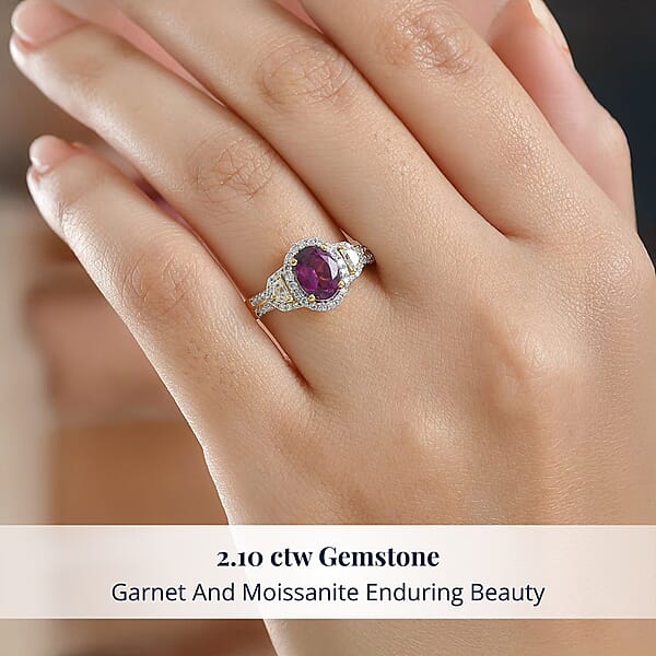 D'Joy AAA Radiant Ember Garnet And Moissanite 2.10 Ctw Ring In 18K Vermeil Yellow Gold Over Sterling Silver