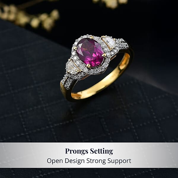 D'Joy AAA Radiant Ember Garnet And Moissanite 2.10 Ctw Ring In 18K Vermeil Yellow Gold Over Sterling Silver