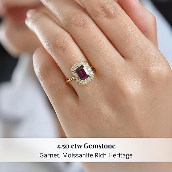 D'Joy AAA Radiant Ember Garnet And Moissanite 2.50 Ctw Ring In 18K Vermeil Yellow Gold Over Sterling Silver