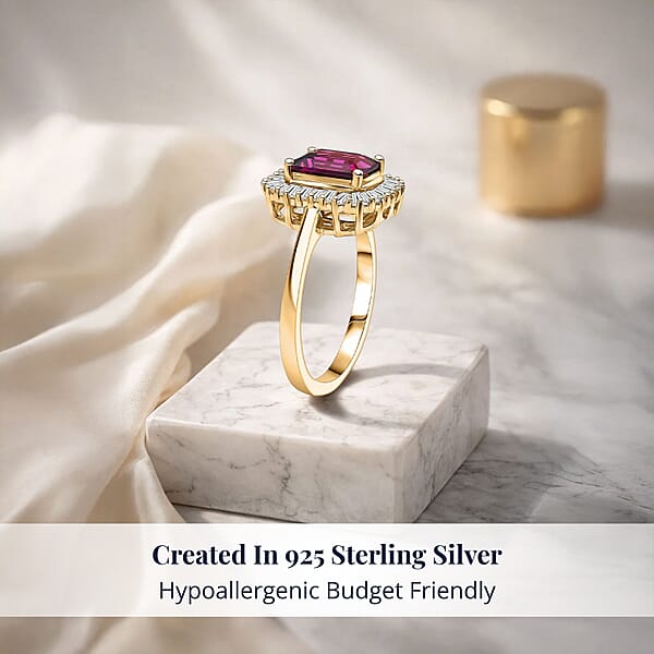D'Joy AAA Radiant Ember Garnet And Moissanite 2.50 Ctw Ring In 18K Vermeil Yellow Gold Over Sterling Silver