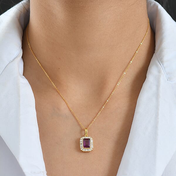 D'Joy AAA Radiant Ember Garnet And Moissanite 2.50 Ctw Pendant Necklace In 18K Vermeil Yellow Gold Over Sterling Silver 20 Inches