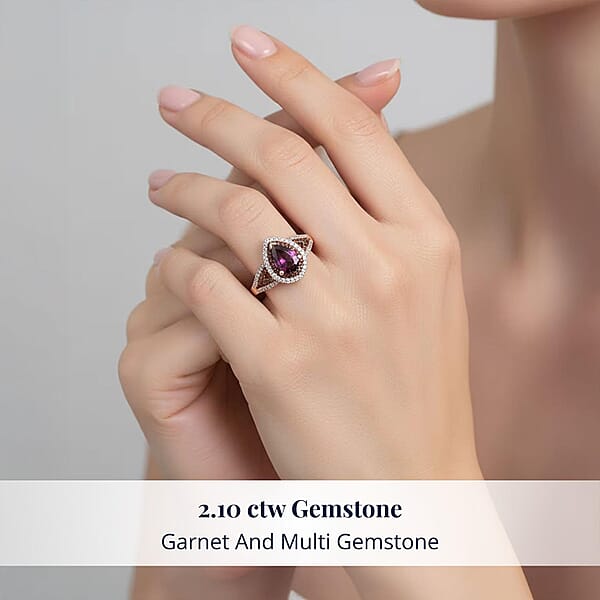 D'Joy AAA Radiant Ember Garnet And Multi Gemstone 2.10 Ctw Ring In 18K Vermeil Rose Gold Over Sterling Silver