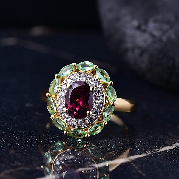 D'Joy AAA Radiant Ember Garnet And Multi Gemstone 2.65 Ctw Crimson Garden Ring In 18K Vermeil Yellow Gold Over Sterling Silver