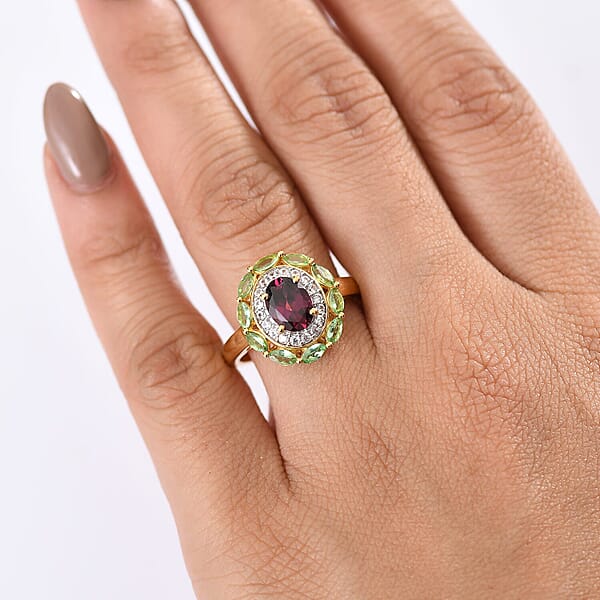 D'Joy AAA Radiant Ember Garnet And Multi Gemstone 2.65 Ctw Crimson Garden Ring In 18K Vermeil Yellow Gold Over Sterling Silver