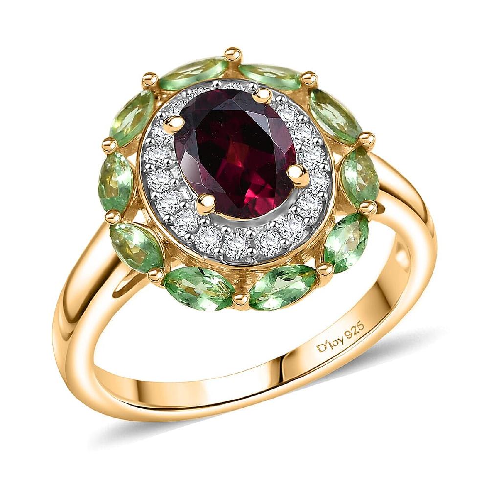 D'Joy AAA Radiant Ember Garnet and Multi Gemstone 2.65 ctw Crimson Garden Ring in 18K Vermeil Yellow Gold Over Sterling Silver