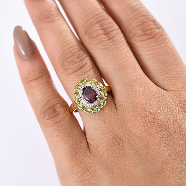 D'Joy AAA Radiant Ember Garnet And Multi Gemstone 2.65 Ctw Crimson Garden Ring In 18K Vermeil Yellow Gold Over Sterling Silver
