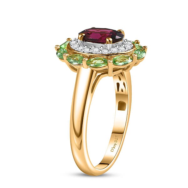 D'Joy AAA Radiant Ember Garnet And Multi Gemstone 2.65 Ctw Crimson Garden Ring In 18K Vermeil Yellow Gold Over Sterling Silver
