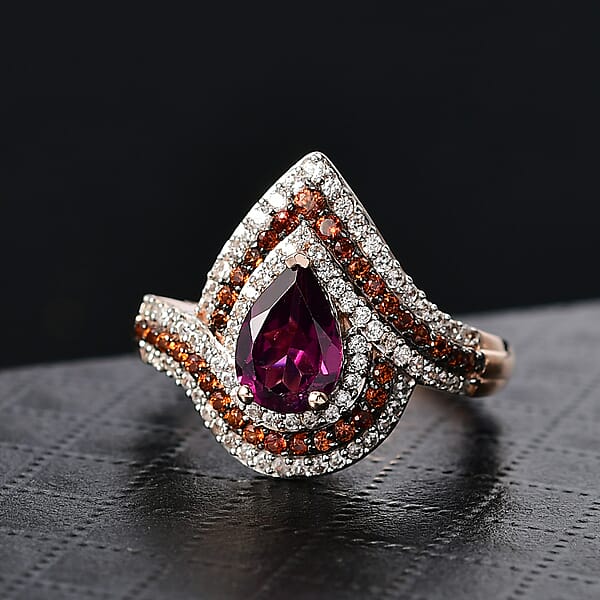 D'Joy AAA Radiant Ember Garnet And Multi Gemstone 2.60 Ctw Ring In 18K Vermeil Rose Gold Over Sterling Silver