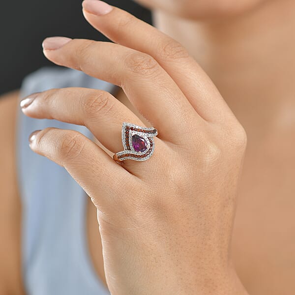 D'Joy AAA Radiant Ember Garnet And Multi Gemstone 2.60 Ctw Ring In 18K Vermeil Rose Gold Over Sterling Silver