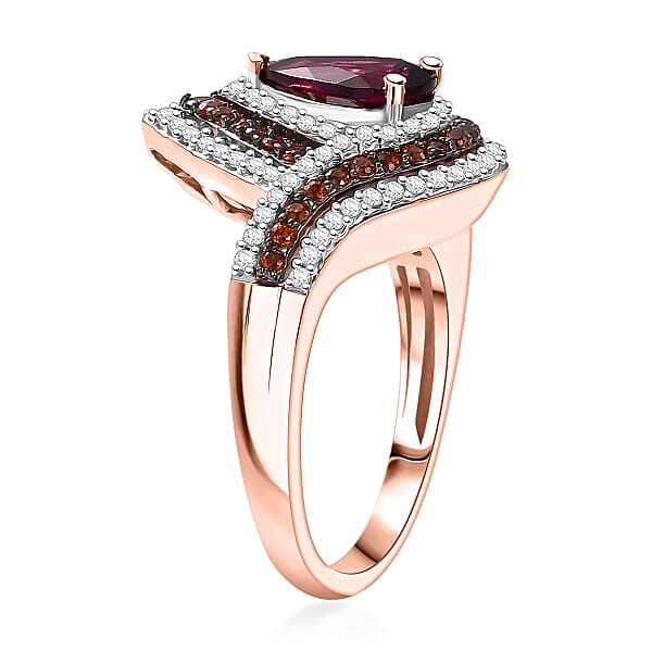 D'Joy AAA Radiant Ember Garnet And Multi Gemstone 2.60 Ctw Ring In 18K Vermeil Rose Gold Over Sterling Silver