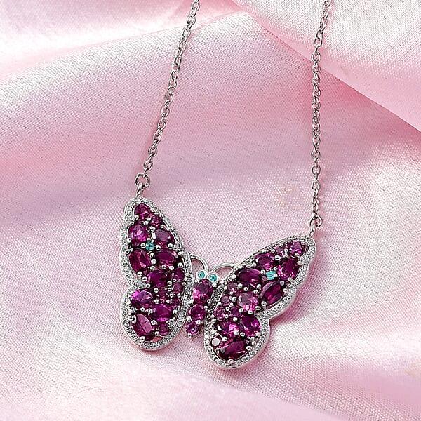 D'Joy AAA Radiant Ember Garnet And Multi Gemstone 6.20 Ctw Flamecrest Butterfly Necklace In Rhodium Over Sterling Silver 18-20 Inches