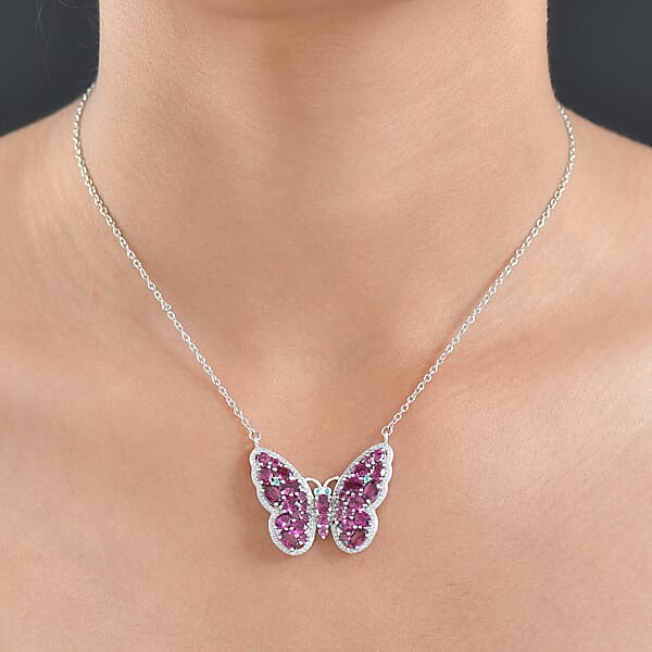 D'Joy AAA Radiant Ember Garnet And Multi Gemstone 6.20 Ctw Flamecrest Butterfly Necklace In Rhodium Over Sterling Silver 18-20 Inches