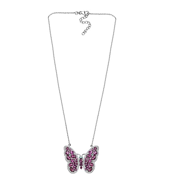 D'Joy AAA Radiant Ember Garnet And Multi Gemstone 6.20 Ctw Flamecrest Butterfly Necklace In Rhodium Over Sterling Silver 18-20 Inches