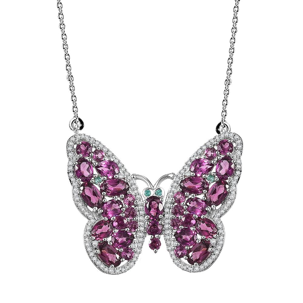 D'Joy AAA Radiant Ember Garnet and Multi Gemstone 6.20 ctw Flamecrest Butterfly Necklace in Rhodium Over Sterling Silver 18-20 Inches