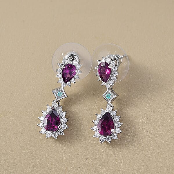 D'Joy AAA Radiant Ember Garnet And Multi Gemstone 3.75 Ctw Crown Drop Earrings In Rhodium Over Sterling Silver