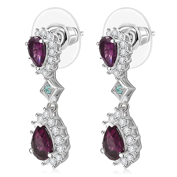 D'Joy AAA Radiant Ember Garnet And Multi Gemstone 3.75 Ctw Crown Drop Earrings In Rhodium Over Sterling Silver